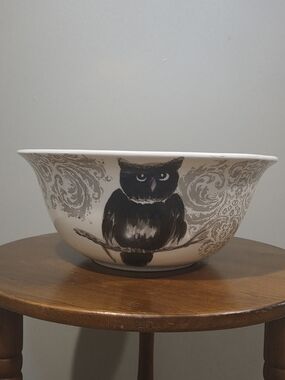 SALE Hand-Painted Black and Light Cream Owl Ceramic Bowl